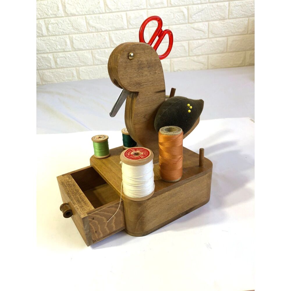 VTG Wooden Duck Sewing Caddy Folk Art Spool Holder Aunt Lydia Thread Box 10" MCM